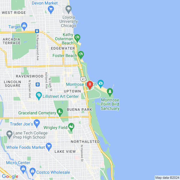 Montrose Dog Park location map: 4697 Lawrence, W Wilson Dr, Chicago, Illinois